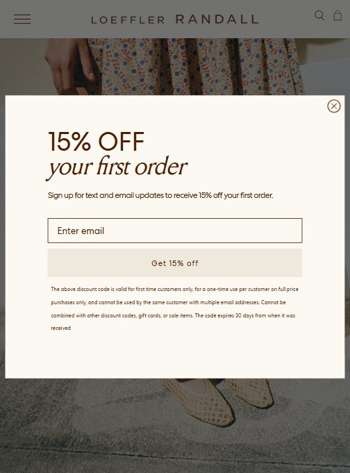 Loeffler Randall — Klaviyo popup with 15% off first order fires immediately